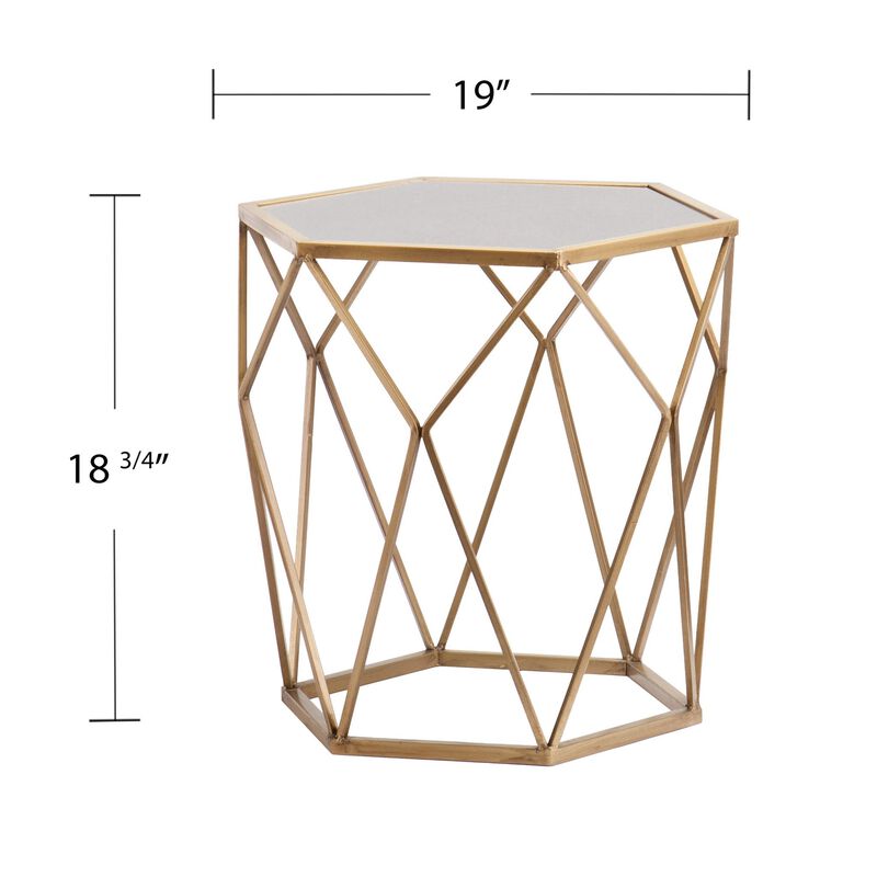 Homezia 19" Gold And Reflective Glass Hexagon Mirrored End Table