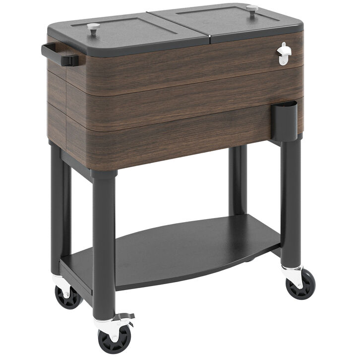 Outsunny Patio Cooler Cart, 60 Qt. Rolling Ice Chest with Shelf, Bottle Opener and Wheels, Outdoor Beverage Cooler with Separate Stand for Backyard Deck Poolside Party, Brown