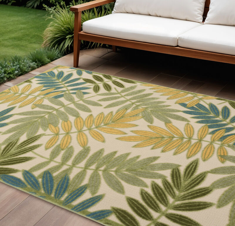 HomeRoots 12' X 15' Green Blue Yellow And Dark Green Palm Leaf Indoor Outdoor Area Rug image number 1