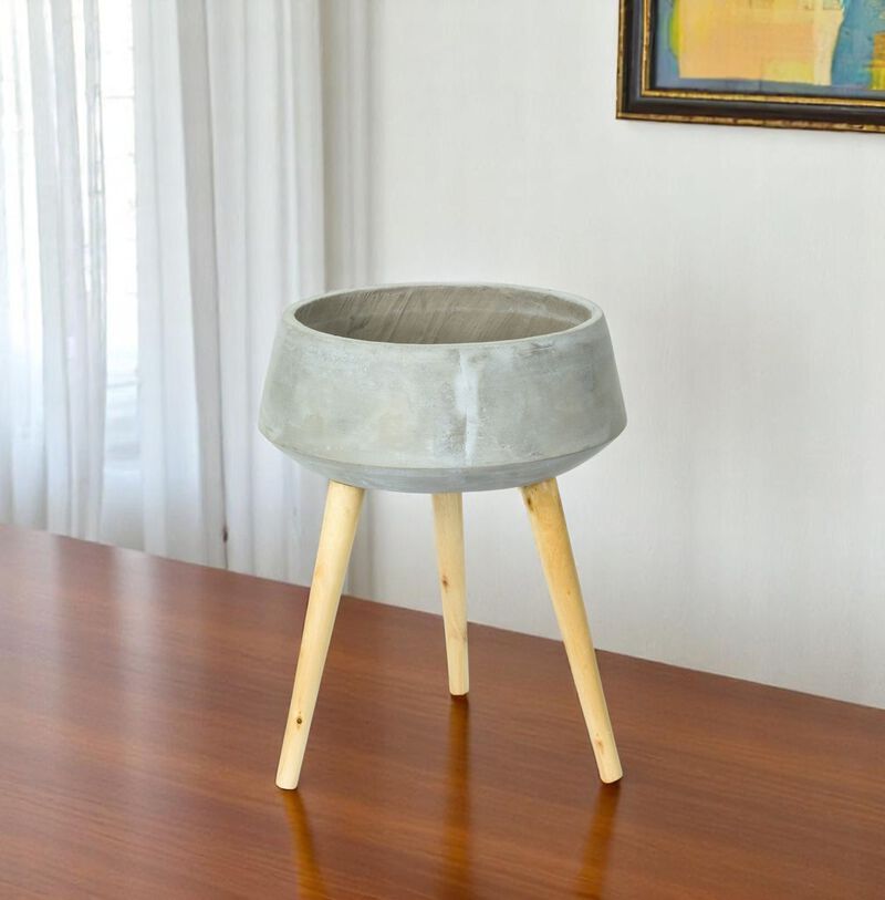 Hivvago Gray Cement And Wood 81 Ounce Round Distressed Pot Planter With Stand