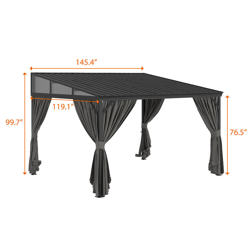 FUFU&GAGA Black Patio Lean-to Gazebo &ndash; Aluminum Frame with Galvanized Steel Roof, Mosquito Netting & Curtains, (145.4" L x 119.1" W x 99.7" ), 10 x 12 FT, Black