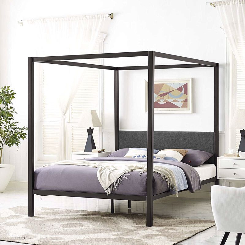 Hivvago Queen size Brown Metal Canopy Bed Frame with Grey Upholstered Headboard