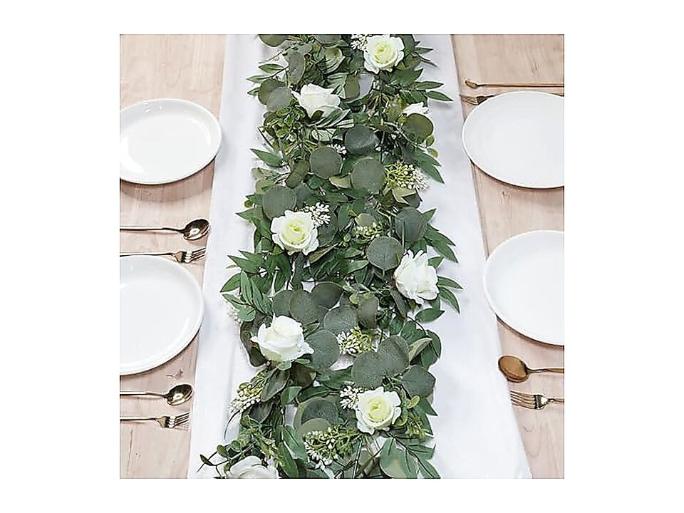2 Pack Artificial Spring Eucalyptus Flower Garland White Roses 13 Ft Fake Floral