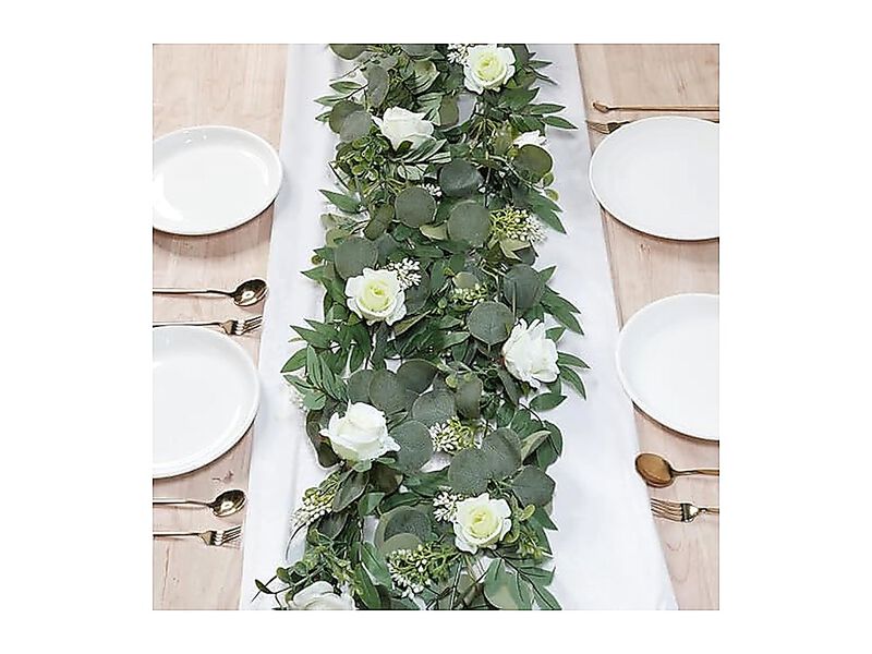 2 Pack Artificial Spring Eucalyptus Flower Garland White Roses 13 Ft Fake Floral image number 1
