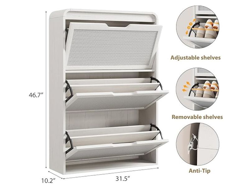 Slim Entryway Shoe Storage Cabinet Flip Drawer White Rattan image number 2