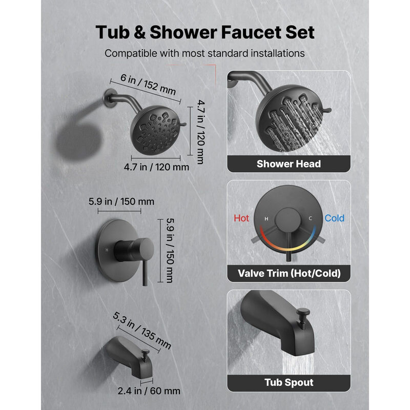 Tub and Shower Faucet Set Matte Black Rainfall Shower Head Tub Spout image number 4