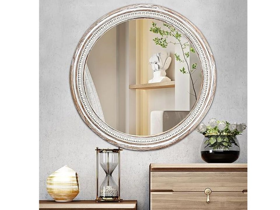 30" Rustic Round Wood Wall Mirror – Farmhouse Boho Accent for Entry