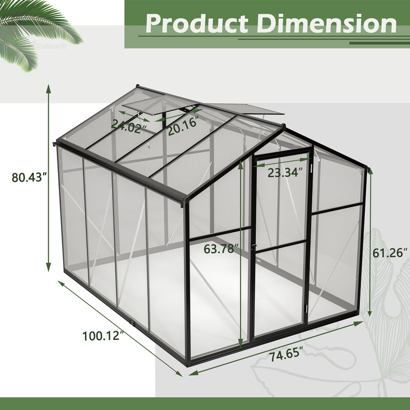 6x8 FT Greenhouse for Outdoors, Polycarbonate Greenhouse with Quick Setup Structure and Roof Vent image number 3