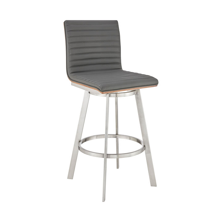 Jermaine Bar Height Swivel Bar Stool in Brushed Stainless Steel Finish and Gray Faux Leather