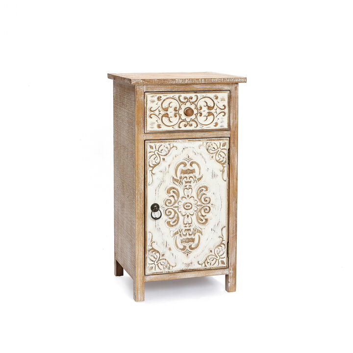30" Carved Wood Accent Storage Cabinet, Distressed White
