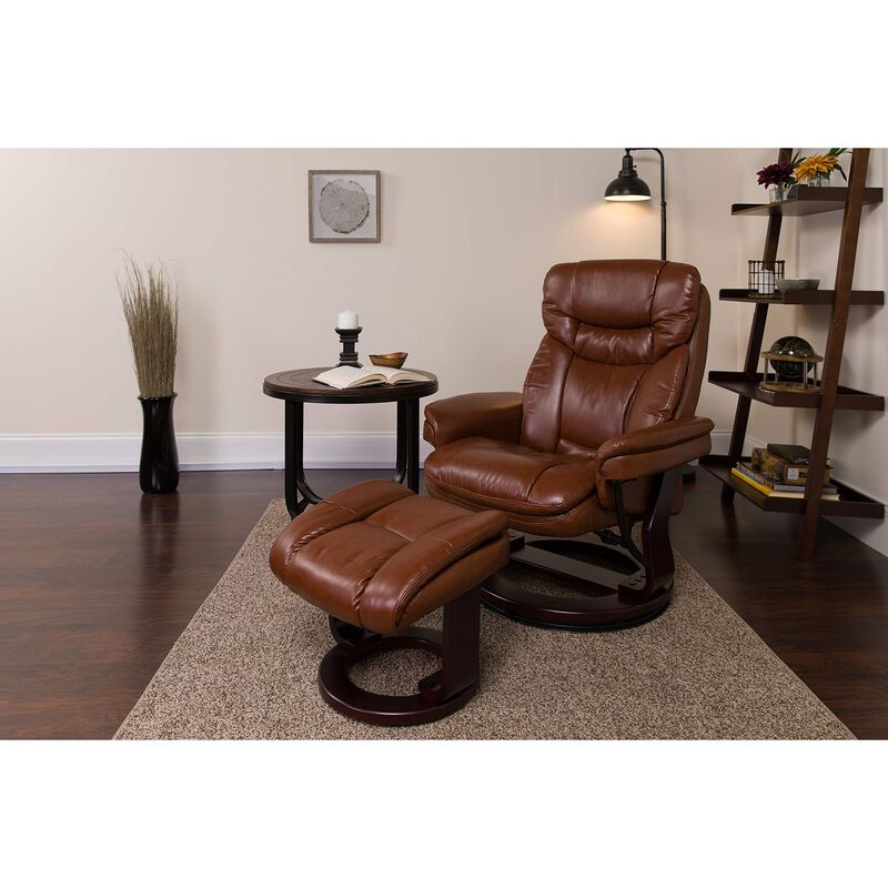 Flash Furniture Allie Contemporary Multi-Position Recliner and Curved Ottoman with Swivel Mahogany Wood Base in Brown Vintage LeatherSoft