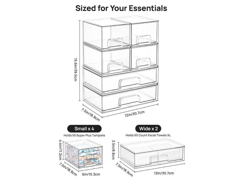 Stackable Storage Drawers Set of 6 Clear Plastic Organizer Bins Cabinet image number 2