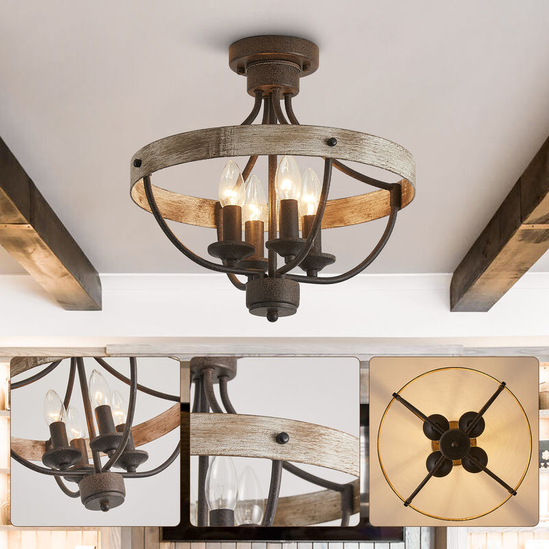 4-Light Rusted Brown Wheel Wood Semi-Flush Mount Ceiling Light