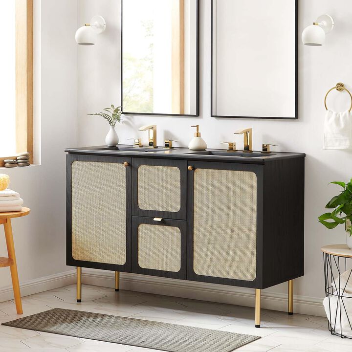 Modway Chaucer 48 Bathroom Vanity Black with Dual Ceramic Sink Basin, 48 Inches Double