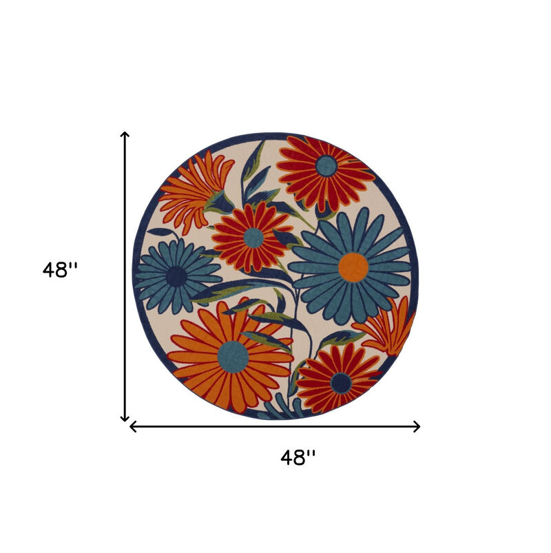 HomeRoots 4' Ivory Blue And Orange Round Floral Indoor Outdoor Area Rug image number 6