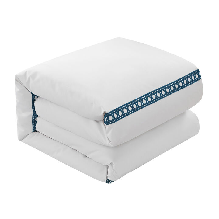 Chic Home Lewiston 3 Piece Cotton Blend Duvet Cover 1500 Thread Count Set Solid White With Embroidered Lattice Stitching Details King Navy Blue