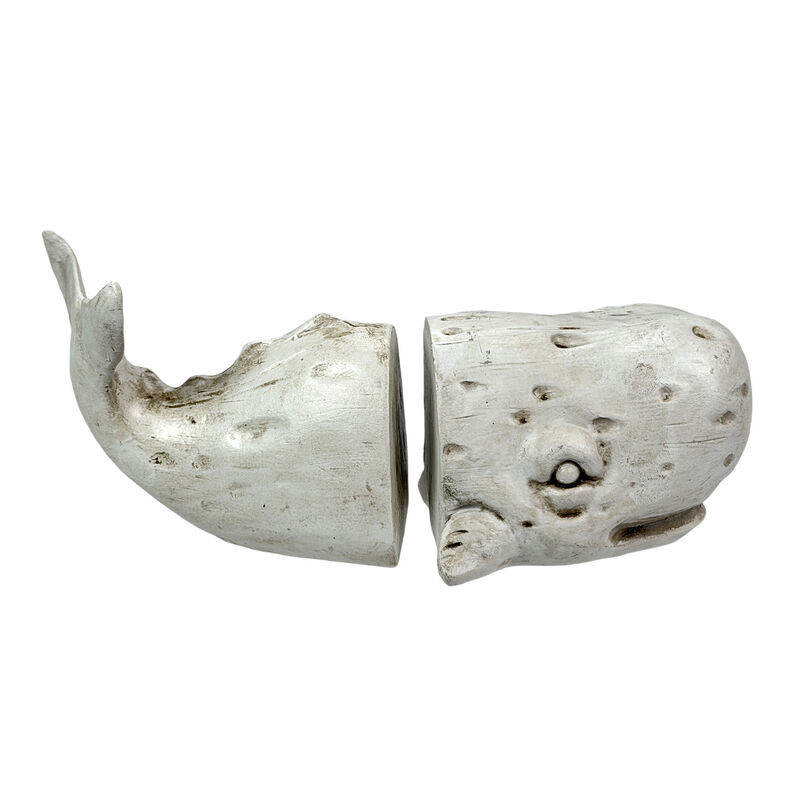 Sperm Whale Head & Tail Resin Bookend Set 10 inch Weathered Off White Coastal image number 5