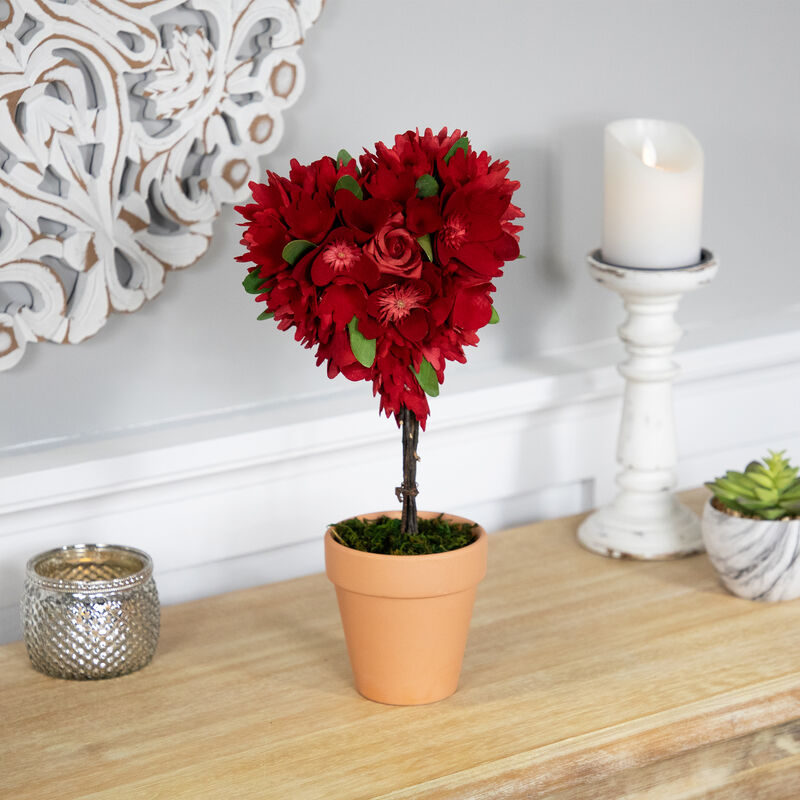 Wooden Mixed Floral Valentine's Day Artificial Potted Topiary - 14" - Red image number 1