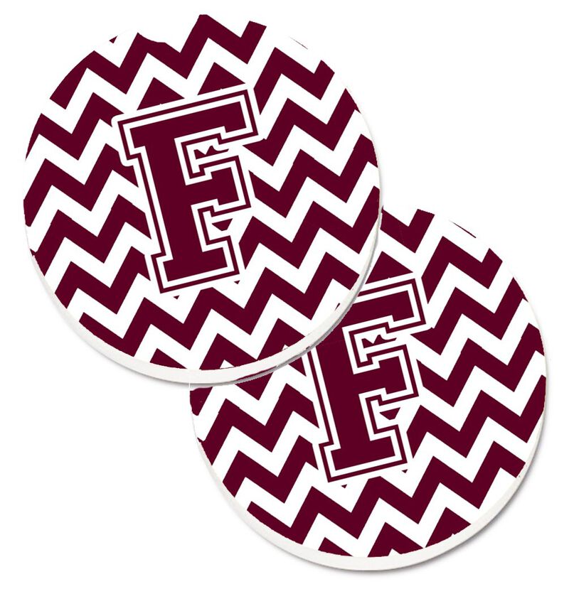 Caroline's Treasures Letter F Chevron Maroon & White Set of 2 Cup Holder Car Coasters CJ1051-FCARC, 2.56, Multicolor