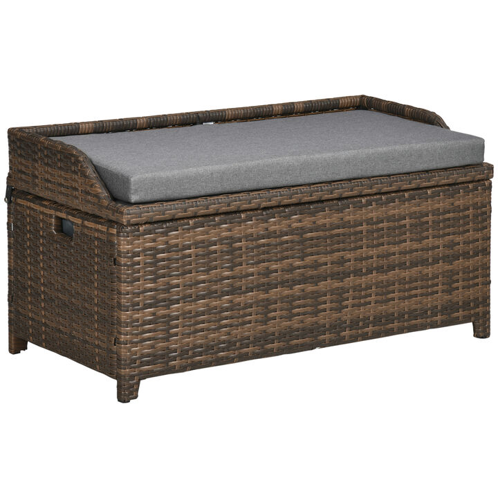 Outsunny Outdoor Wicker Storage Bench Deck Box, PE Rattan Patio Furniture Pool Container Storage Bin with Interior Waterproof Bag and Comfortable Cushion, Gray