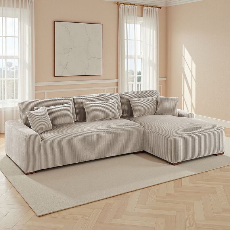 Lio 2pc XL Sectional Sofa with Chaise, 5 Throw Pillows, Brown Corduroy - Benzara