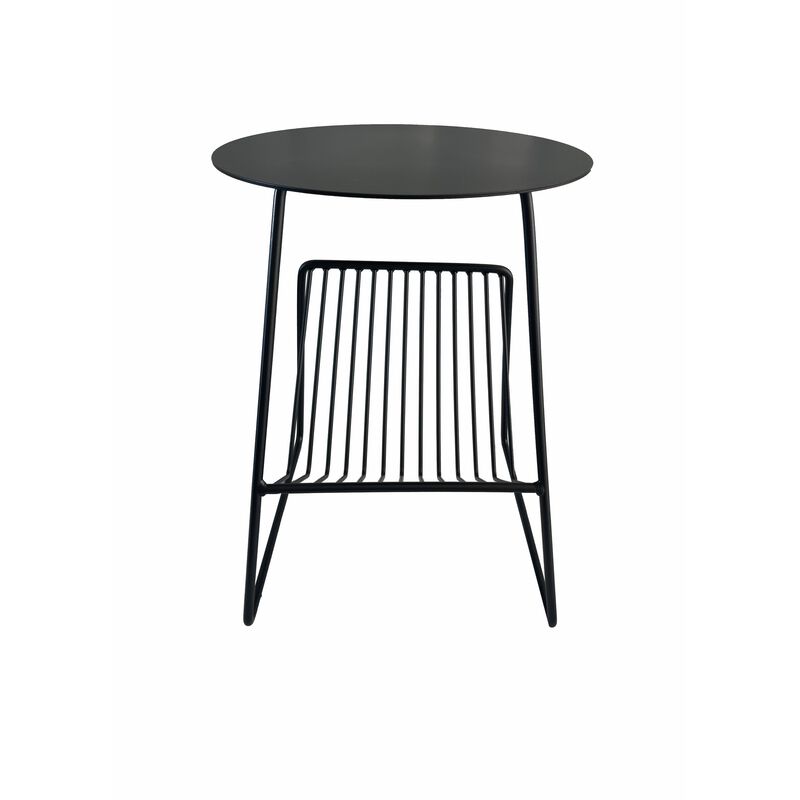 Zeo Side End Table w Magazine Rack, 14 Inch Round Top, Black Metal