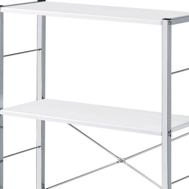 Bookshelf with X Shaped Cross Bar Chrome Finish, White-Benzara