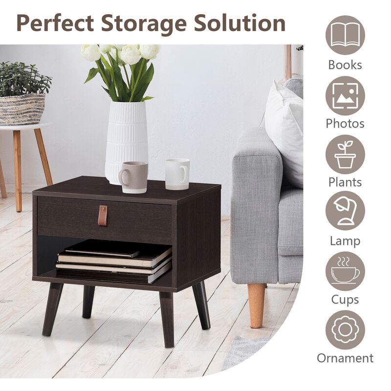 Nightstand Bedroom Table with Drawer Storage Shelf - Brown