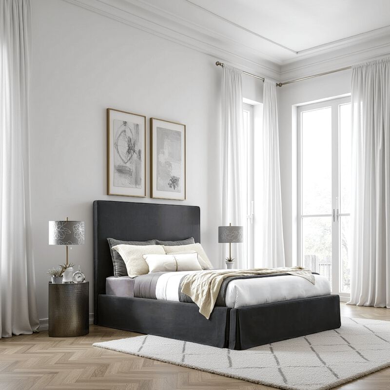 Cove Upholstered Queen Size Skirted Panel Bed with Storage, Black