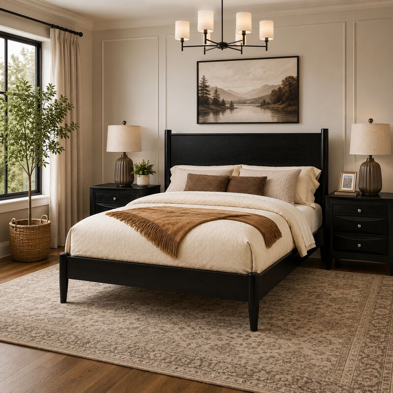 Queen Bedroom Set, Black Wood, 3 Piece Set with 2 Nightstands image number 8