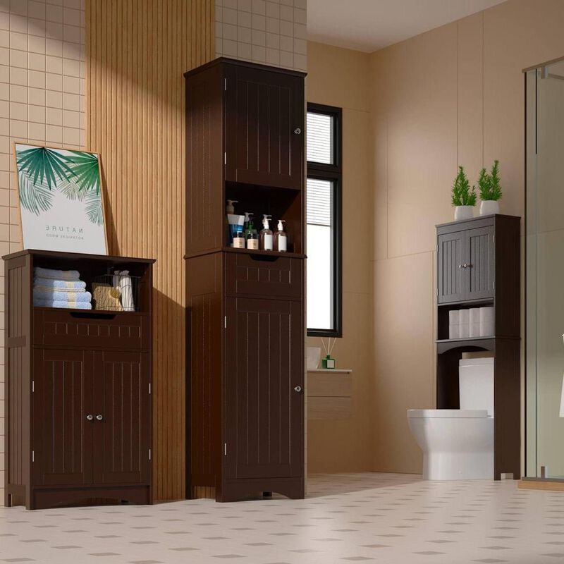 Hivvago Dark Brown Bathroom Linen Cabinet Tower with 2 Doors Storage Drawer and Shelf