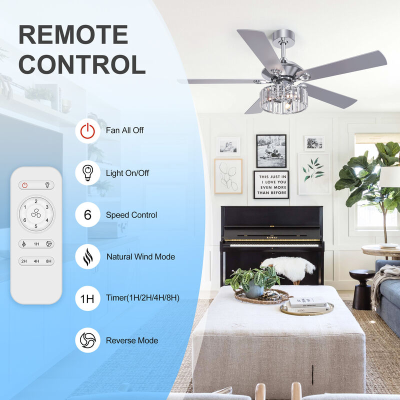 Breezary 52" Ceiling Fan with Light, 5 Blade,3 Light E12 need ,6 Speed, Quiet Downrod Mount, Remote Control image number 2