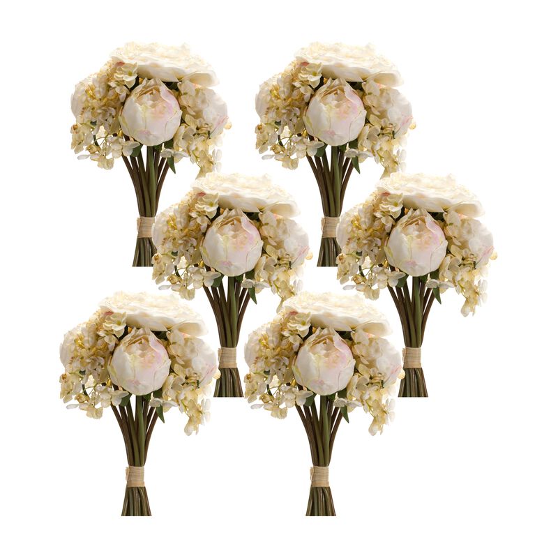 Vibrant Coral Peony and Hydrangea Artificial Flower Bouquet for Home D&eacute;cor (Set of 6)