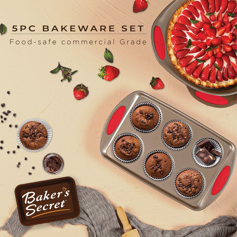 Baker's Secret Bakeware Set 5 pieces, Easy Grip Carbon Steel Non-stick Durable Set of 5 Bakeware Set Round Pan, Muffin Pan, Roaster and Lid, Gift Packaging, Baking Essentials