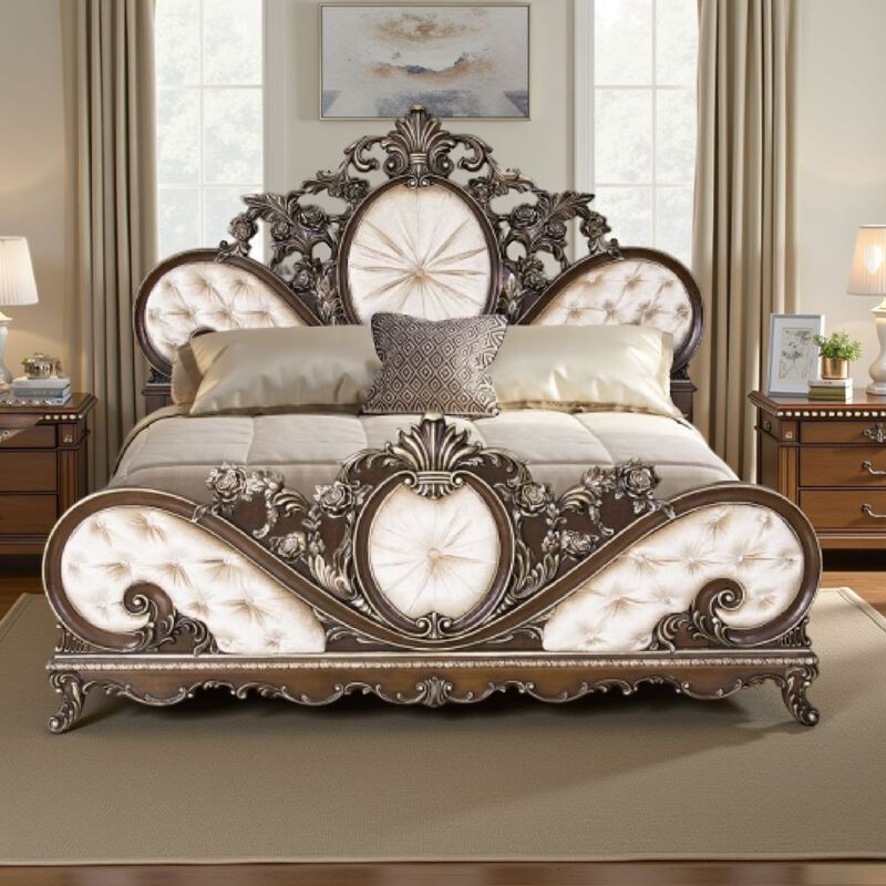 Vany Queen Bed, Scrolled Carved Headboard, Ivory Upholstery, Cherry - Benzara