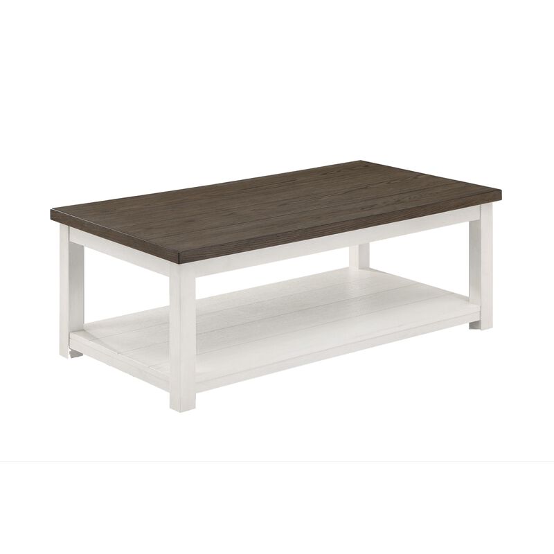 Mon 48 Inch Rectangular Coffee Table, Bottom Shelf, Brown Top, White Frame