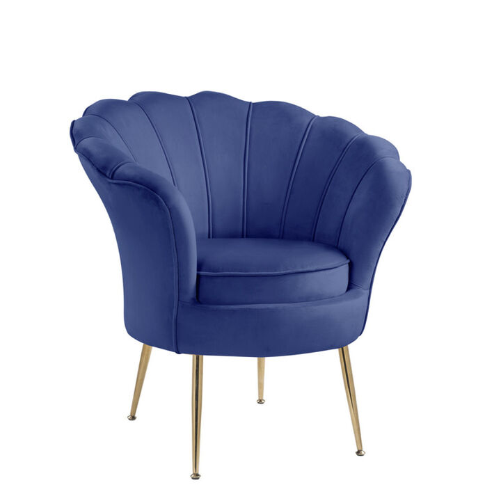 Angelina Blue Velvet Scalloped Back Barrel Accent Chair with Metal Legs