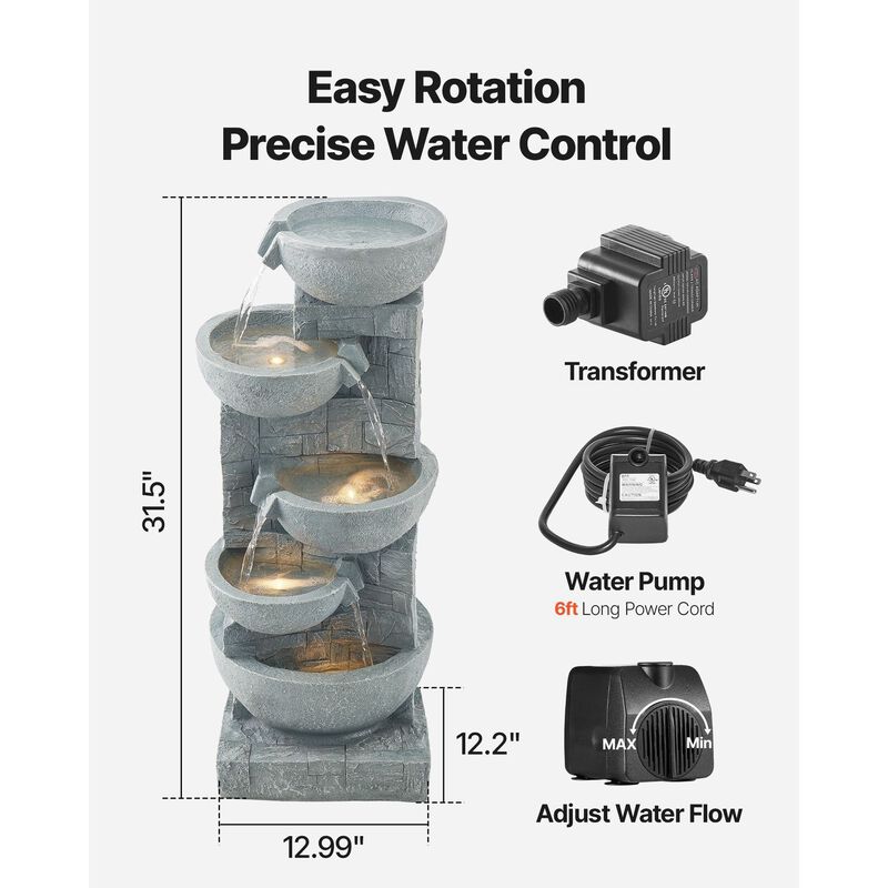 5-Tier Outdoor Water Fountain with LED Light, Cascading Bowl Design for Garden Patio image number 6