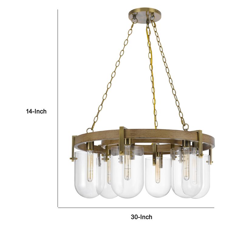Chandelier, Wagon Wheel Style, 6 Glass Shades, Antique Brass 30 Inch image number 7