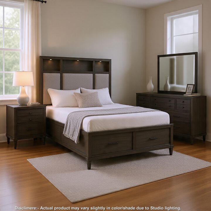 Celia 4 Pc Queen Size Storage Bedroom Set, LED-Lit, USB Ports, Warm Gray