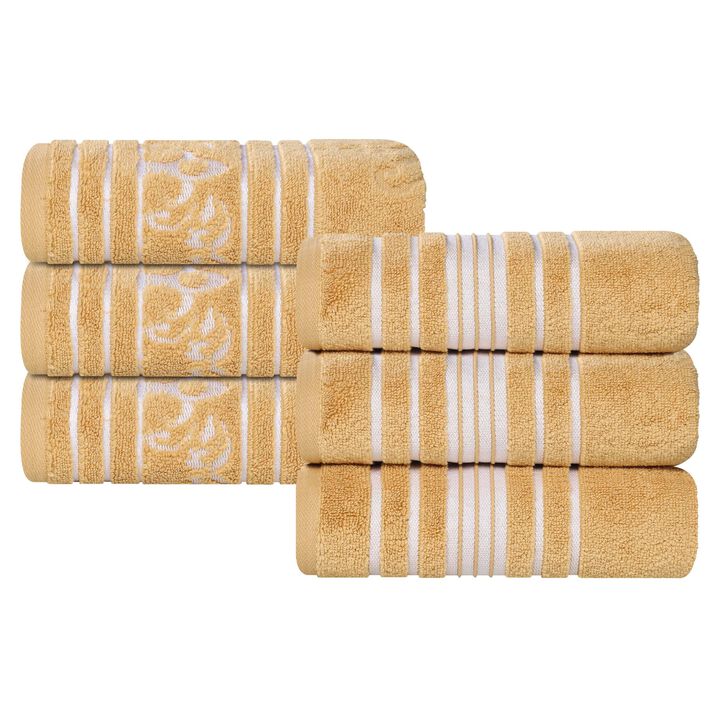 6 Piece Zero Twist Cotton Hand Towel Set, Solid and Floral Patterns