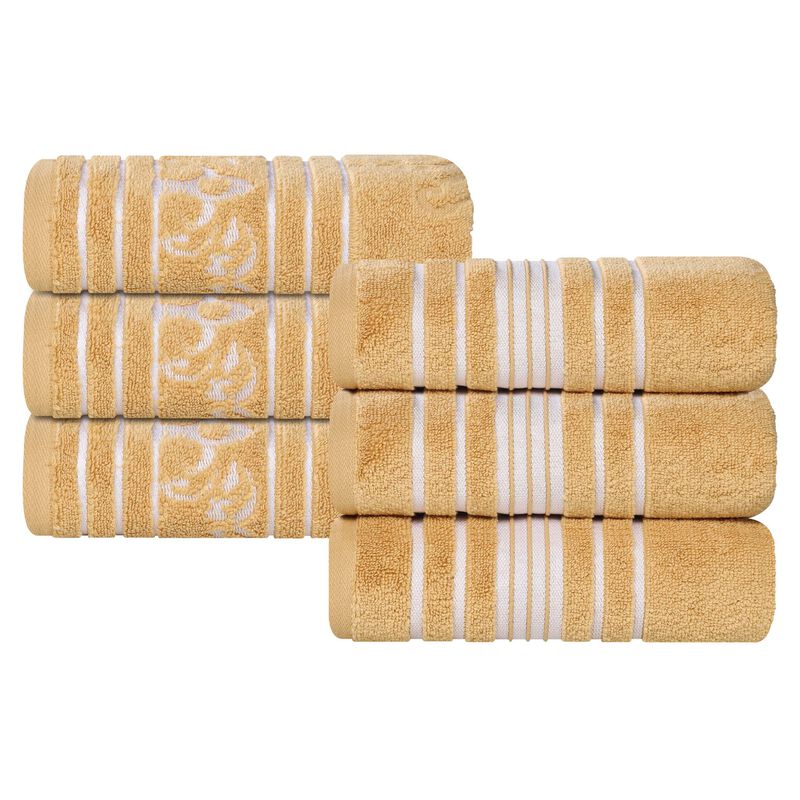 6 Piece Zero Twist Cotton Hand Towel Set, Solid and Floral Patterns image number 0