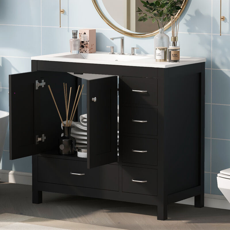 Merax Bathroom Vanity with Ceramic Sink  Freestanding Recessed  5 Drawers & 2 Soft-Close Doors Storage Cabinet Combo