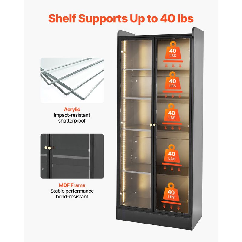 Lighted Display Cabinet with Glass Doors, 5-Tier Curio Bookcase with 2 Adjustable Shelves-Black image number 5