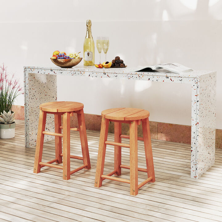 Wood Bar Stools Set of 2 for Outdoor Use, Round Seat and Footrest for Comfort