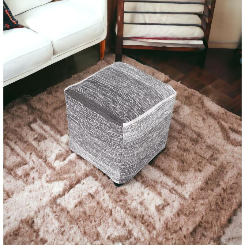 Hivvago 16 Inch Gray Cotton Striped Pouf Ottoman