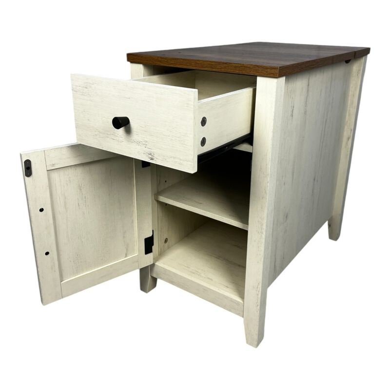 Streamdale Farmhouse End Table with Barn Door & Drawer, Charging Station