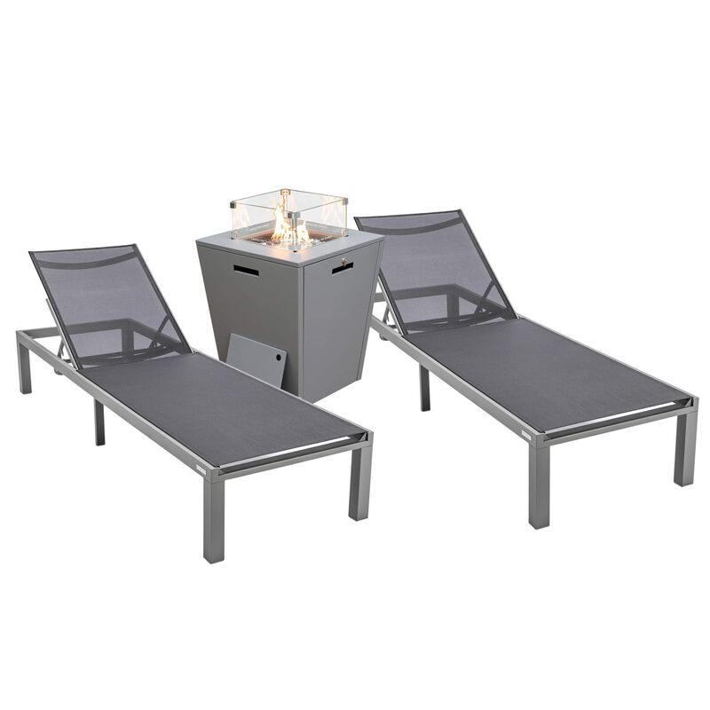 LeisureMod Marlin Modern Aluminum Outdoor Patio Chaise Lounge Chair in Grey Frame Set of 2 with Square Fire Pit Side Table