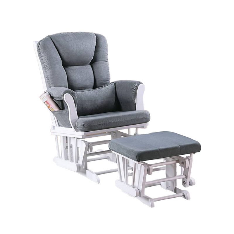 Noni Glider Manual Recliner Chair w Square Ottoman, White Wood, Gray
