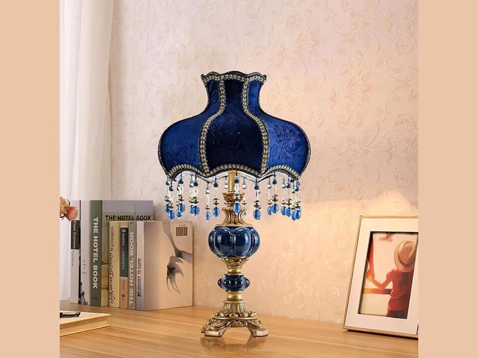European Style Table Lamp with Fabric Shade Antique Resin Victorian Design Blue
